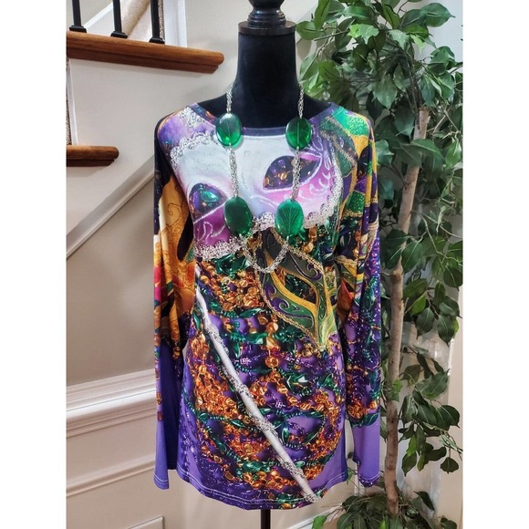 Womens Multicolor Geomatric Long Sleeve Round Neck Casual Top Blouse Size 2XL - Picture 10 of 10